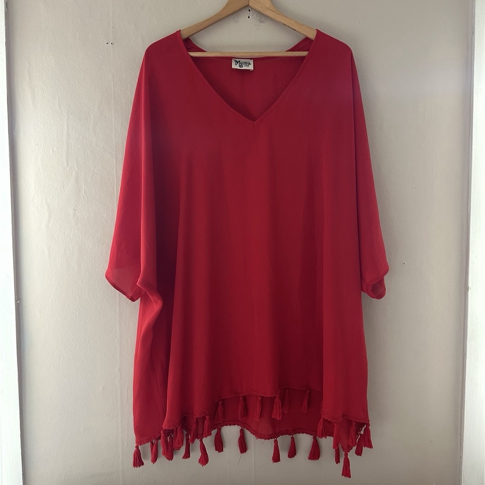 Show Me Your Mumu Womens Shook Tassle Tunic Size L Red Oversized Sheer Cover Up